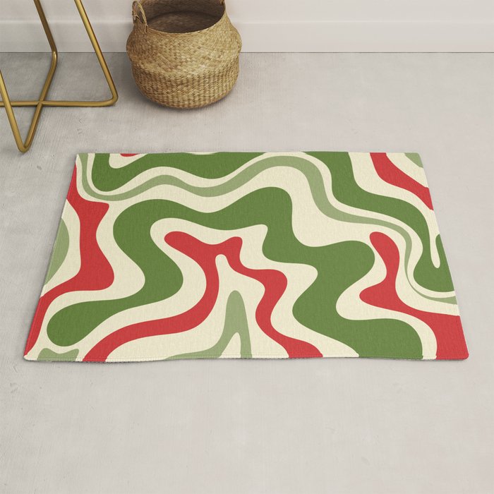 Retro Christmas Swirl Abstract Pattern in Olive Green, Sage, Xmas Red, and Cream Rug Gallery Image 1
