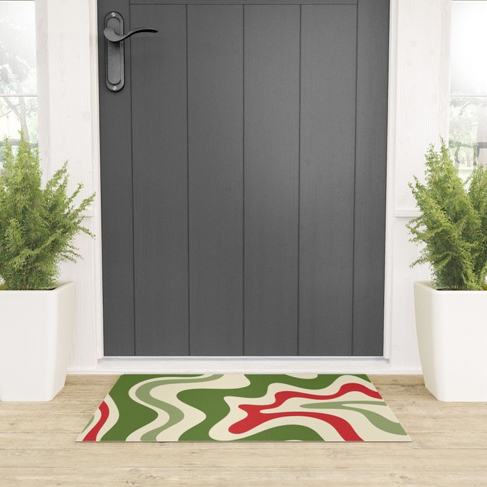 Retro Christmas Swirl Abstract Pattern in Olive Green, Sage, Xmas Red, and Cream Welcome Mat Gallery Image 3