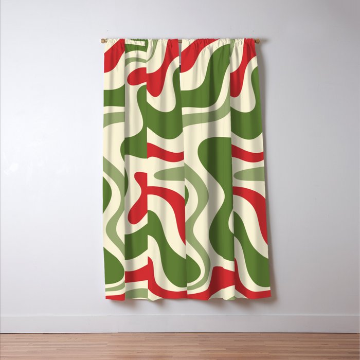 Retro Christmas Swirl Abstract Pattern in Olive Green, Sage, Xmas Red, and Cream Window Curtain Gallery Image 3