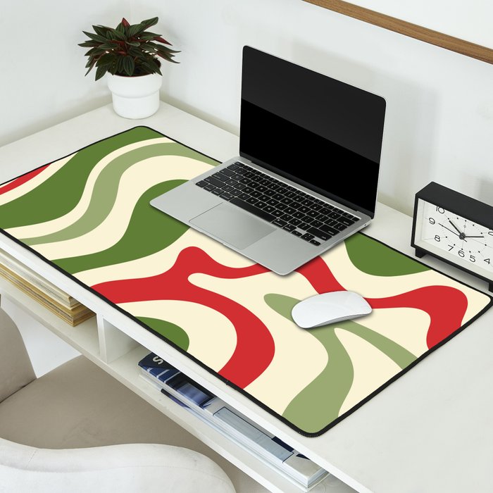 Retro Christmas Swirl Abstract Pattern in Olive Green, Sage, Xmas Red, and Cream Desk Mat Gallery Image 2