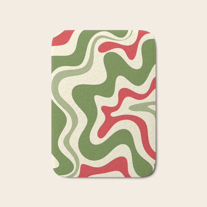 Retro Christmas Swirl Abstract Pattern in Olive Green, Sage, Xmas Red, and Cream Bath Mat Gallery Image 1
