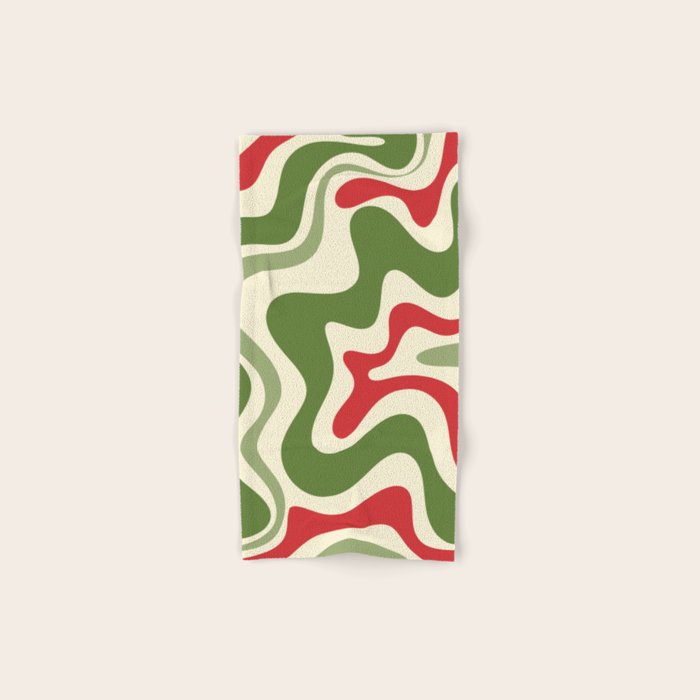 Retro Christmas Swirl Abstract Pattern in Olive Green, Sage, Xmas Red, and Cream Bath Towel Gallery Image 1
