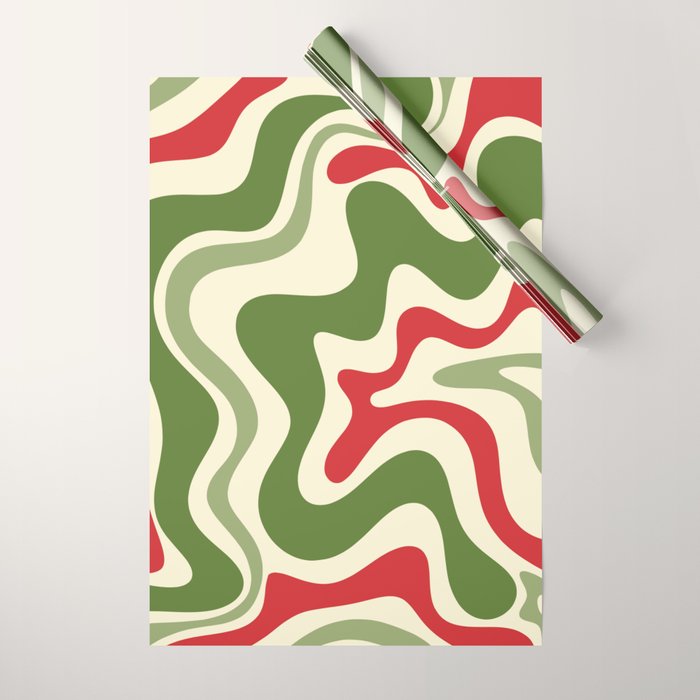 Retro Christmas Swirl Abstract Pattern in Olive Green, Sage, Xmas Red, and Cream Wrapping Paper Gallery Image 1
