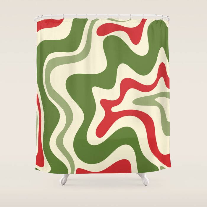 Retro Christmas Swirl Abstract Pattern in Olive Green, Sage, Xmas Red, and Cream Shower Curtain Gallery Image 1