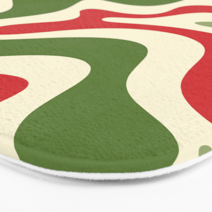 Retro Christmas Swirl Abstract Pattern in Olive Green, Sage, Xmas Red, and Cream Bath Mat Gallery Image 3