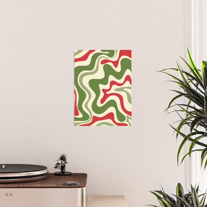 Retro Christmas Swirl Abstract Pattern in Olive Green, Sage, Xmas Red, and Cream Poster Gallery Image 2