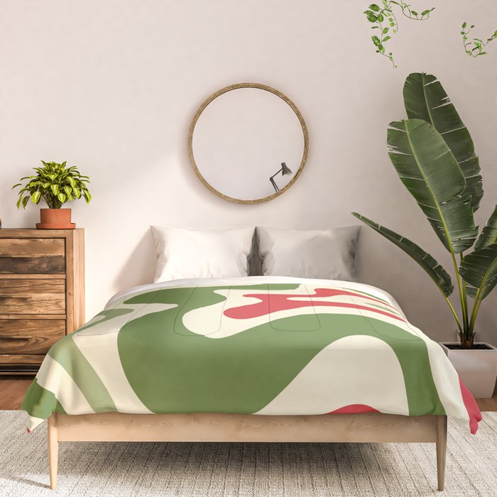 Retro Christmas Swirl Abstract Pattern in Olive Green, Sage, Xmas Red, and Cream Comforter Gallery Image 3