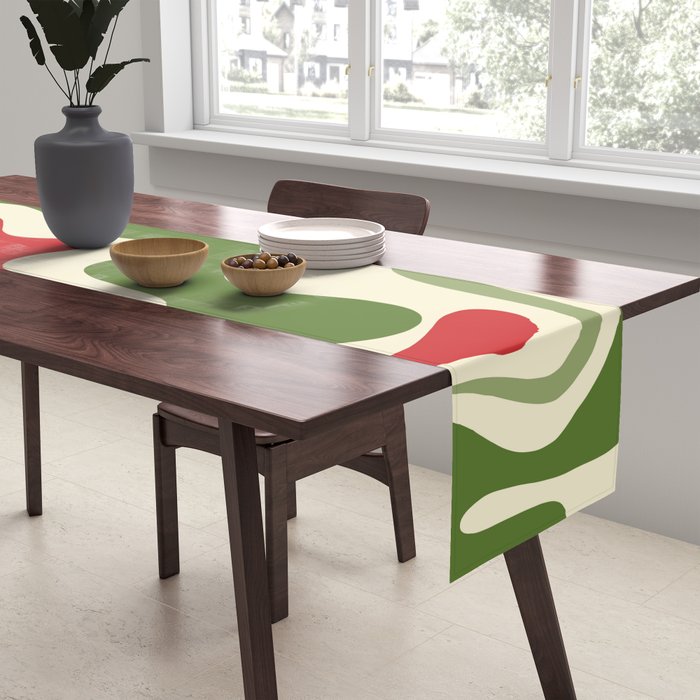 Retro Christmas Swirl Abstract Pattern in Olive Green, Sage, Xmas Red, and Cream Table Runner Gallery Image 2
