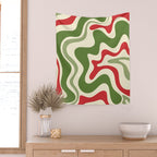 Retro Christmas Swirl Abstract Pattern in Olive Green, Sage, Xmas Red, and Cream Wall Tapestry Gallery Image 2