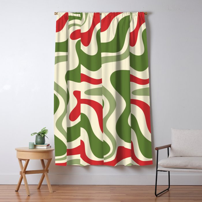 Retro Christmas Swirl Abstract Pattern in Olive Green, Sage, Xmas Red, and Cream Window Curtain Gallery Image 1