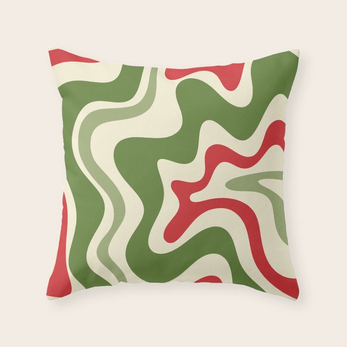 Retro Christmas Swirl Abstract Pattern in Olive Green, Sage, Xmas Red, and Cream Throw Pillow Gallery Image 1