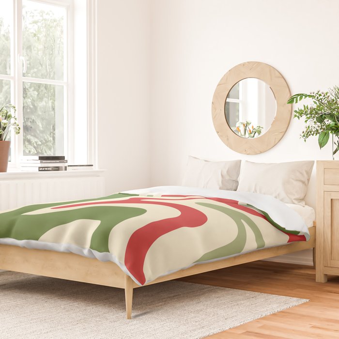 Retro Christmas Swirl Abstract Pattern in Olive Green, Sage, Xmas Red, and Cream Duvet Cover Gallery Image 2