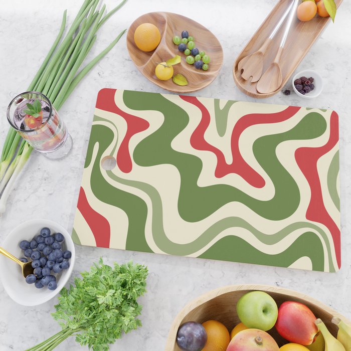 Retro Christmas Swirl Abstract Pattern in Olive Green, Sage, Xmas Red, and Cream Cutting Board Gallery Image 2