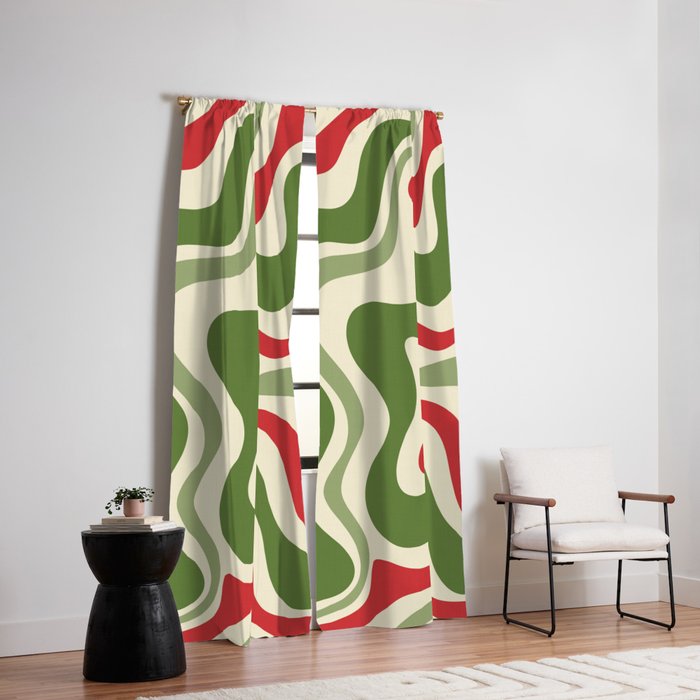 Retro Christmas Swirl Abstract Pattern in Olive Green, Sage, Xmas Red, and Cream Window Curtain Gallery Image 2