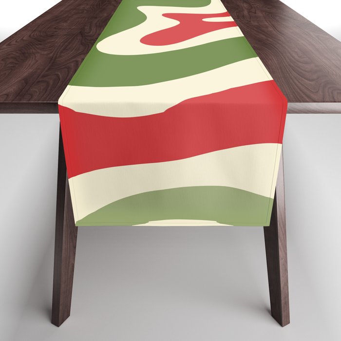 Retro Christmas Swirl Abstract Pattern in Olive Green, Sage, Xmas Red, and Cream Table Runner Gallery Image 1