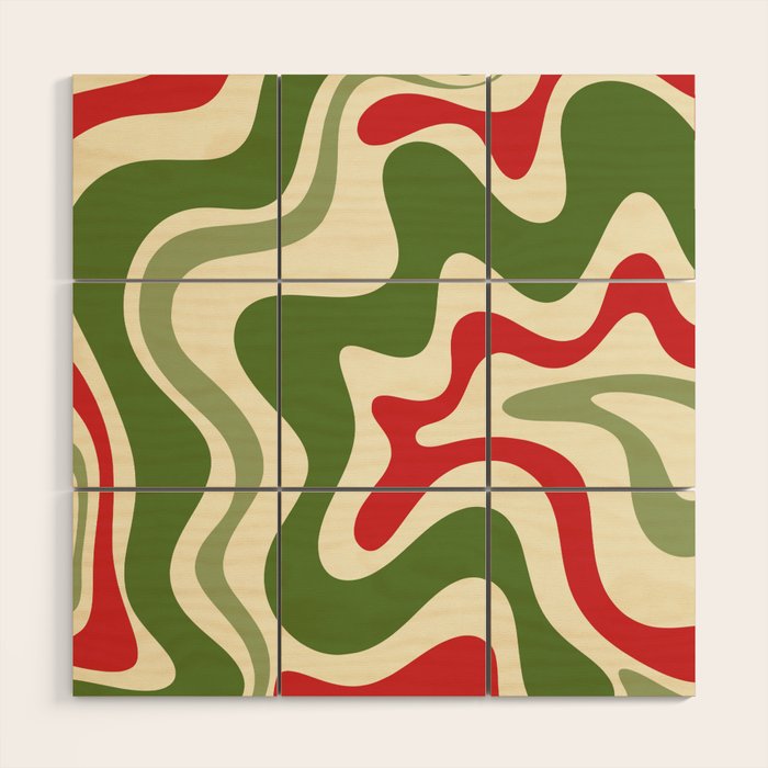 Retro Christmas Swirl Abstract Pattern in Olive Green, Sage, Xmas Red, and Cream Wood Wall Art Gallery Image 1