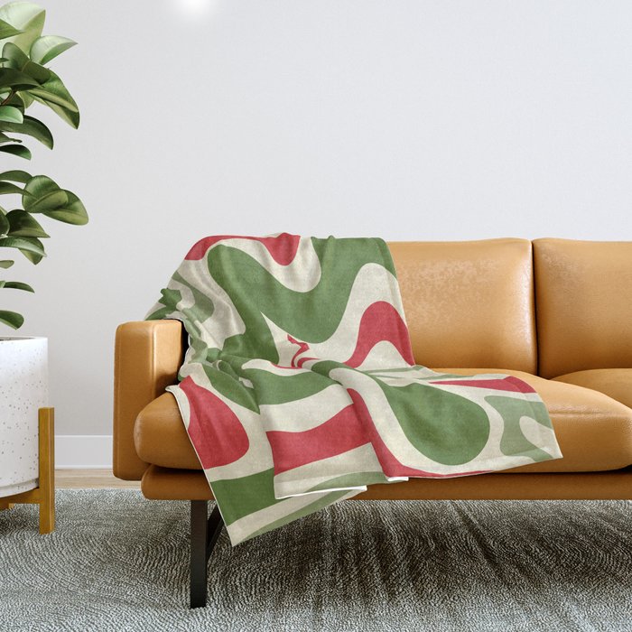 Retro Christmas Swirl Abstract Pattern in Olive Green, Sage, Xmas Red, and Cream Throw Blanket Gallery Image 1