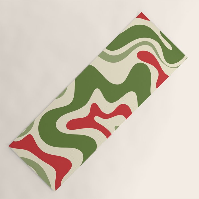 Retro Christmas Swirl Abstract Pattern in Olive Green, Sage, Xmas Red, and Cream Yoga Mat Gallery Image 1
