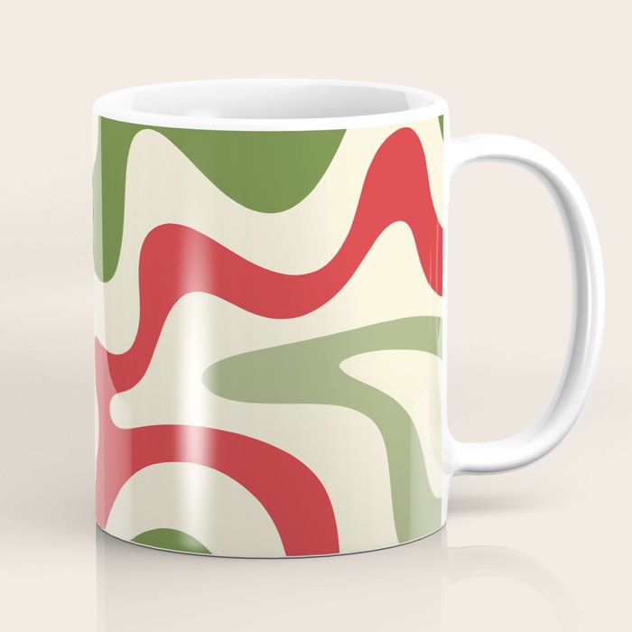 Retro Christmas Swirl Abstract Pattern in Olive Green, Sage, Xmas Red, and Cream Coffee Mug Gallery Image 1