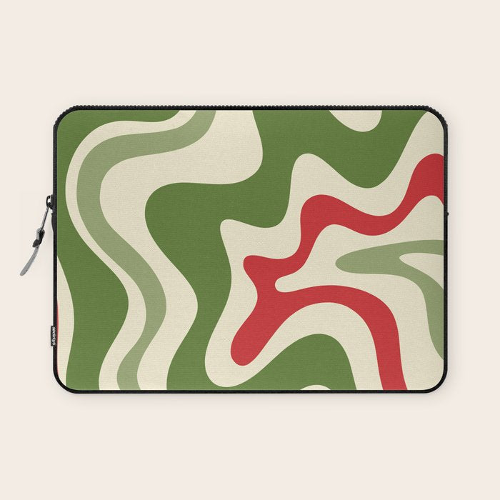 Retro Christmas Swirl Abstract Pattern in Olive Green, Sage, Xmas Red, and Cream Laptop Sleeve Gallery Image 1