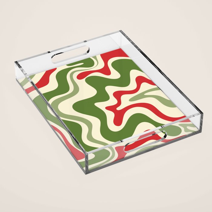Retro Christmas Swirl Abstract Pattern in Olive Green, Sage, Xmas Red, and Cream Acrylic Tray Gallery Image 1
