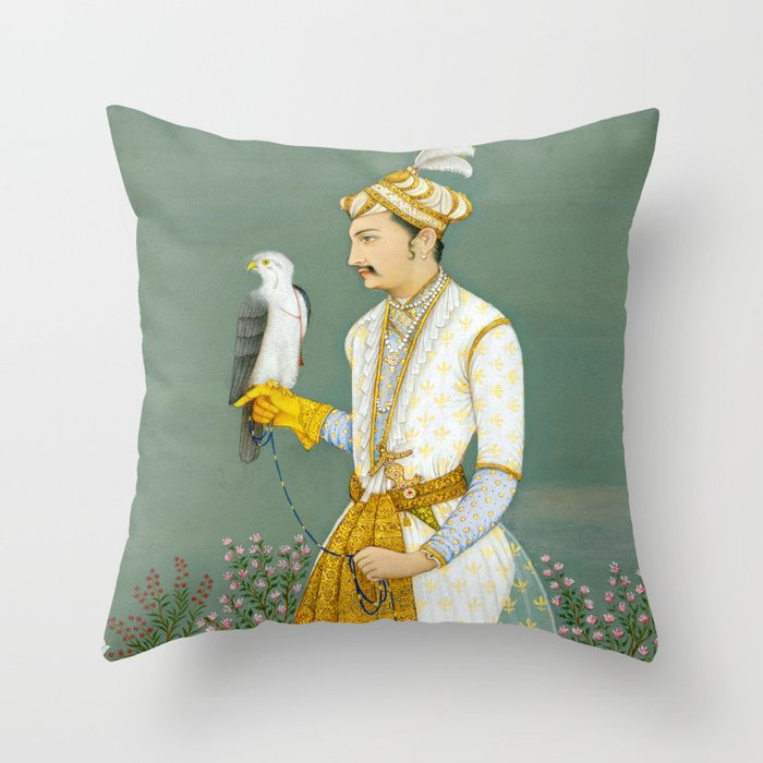 Portrait of a Prince with a Hawk 1700s India, Mughal, 18th century Indian Miniature Painting  Throw Pillow Gallery Image 1