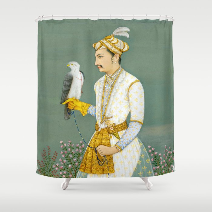 Portrait of a Prince with a Hawk 1700s India, Mughal, 18th century Indian Miniature Painting  Shower Curtain Gallery Image 1