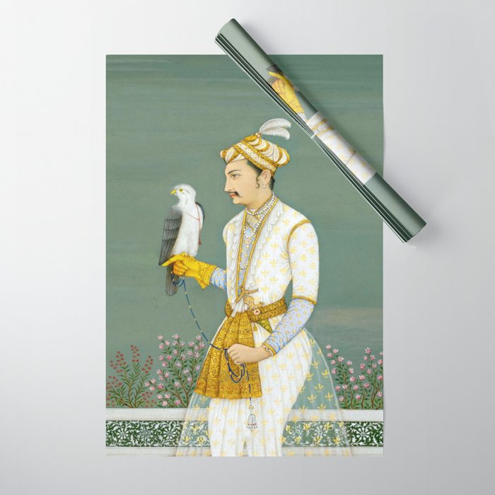 Portrait of a Prince with a Hawk 1700s India, Mughal, 18th century Indian Miniature Painting  Wrapping Paper Gallery Image 1