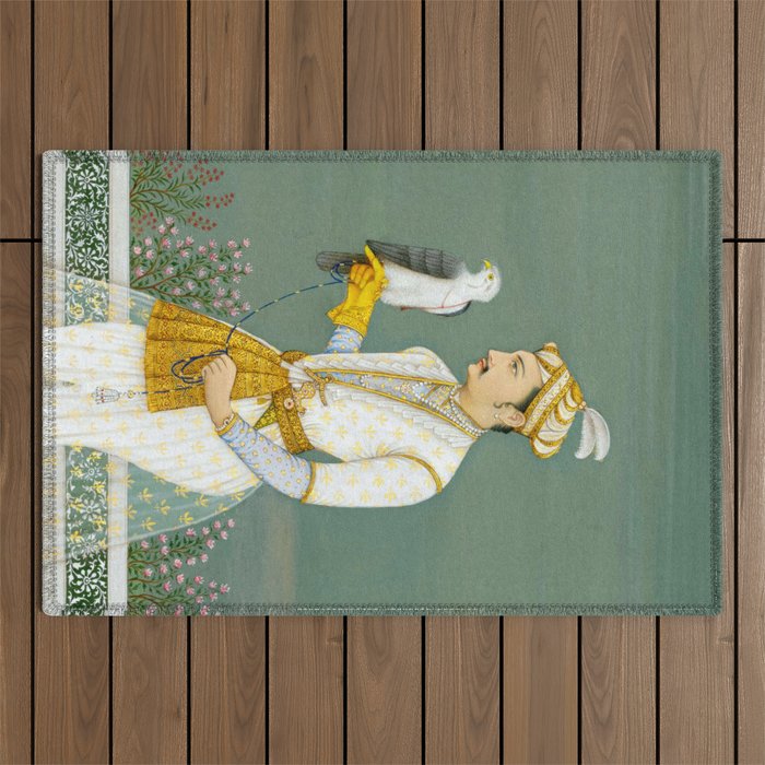 Portrait of a Prince with a Hawk 1700s India, Mughal, 18th century Indian Miniature Painting  Outdoor Rug Gallery Image 1