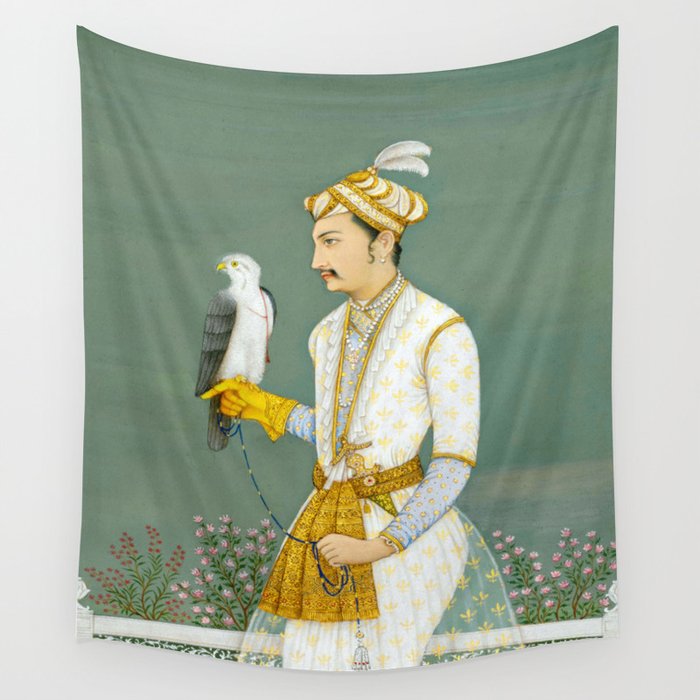 Portrait of a Prince with a Hawk 1700s India, Mughal, 18th century Indian Miniature Painting  Wall Tapestry Gallery Image 4