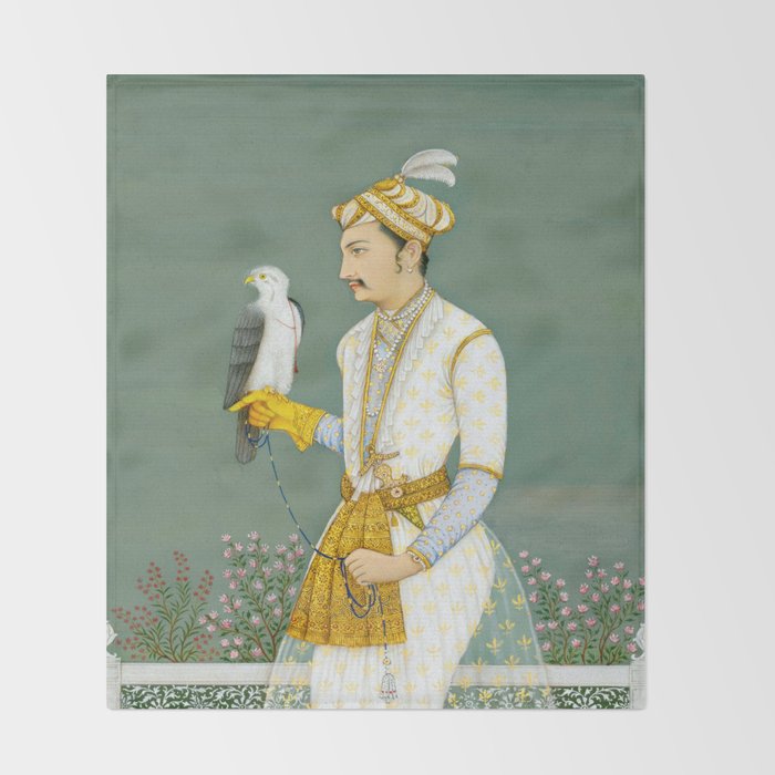 Portrait of a Prince with a Hawk 1700s India, Mughal, 18th century Indian Miniature Painting  Throw Blanket Gallery Image 2