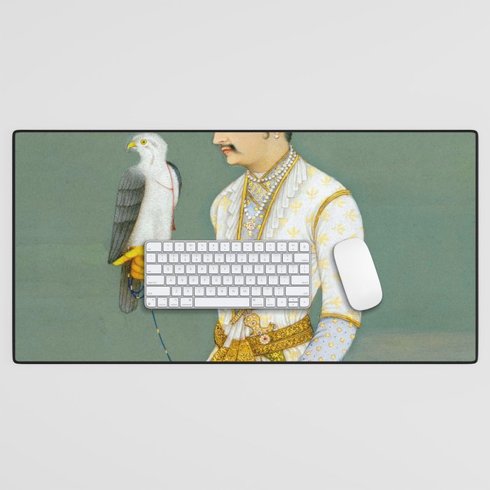 Portrait of a Prince with a Hawk 1700s India, Mughal, 18th century Indian Miniature Painting  Desk Mat Gallery Image 1