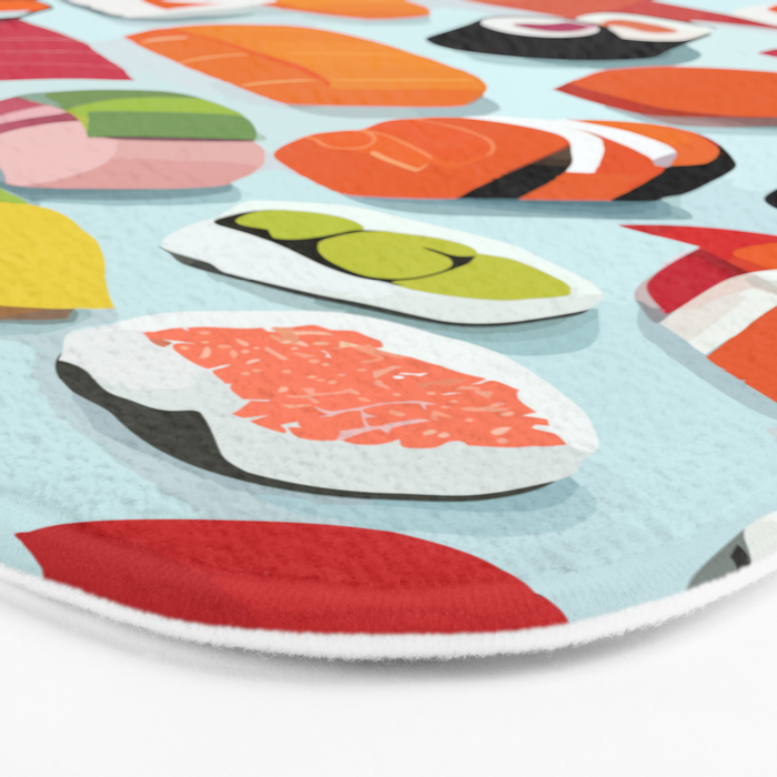 Sushi & Sashimi, Japanese Mob Wife Raw Fish Food Illustration, Delicacy Menu Rice Colorful Eclectic Bath Mat Gallery Image 3