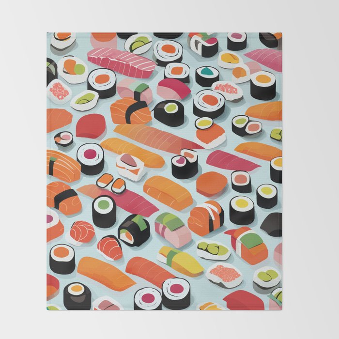 Sushi & Sashimi, Japanese Mob Wife Raw Fish Food Illustration, Delicacy Menu Rice Colorful Eclectic Throw Blanket Gallery Image 2