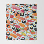 Sushi & Sashimi, Japanese Mob Wife Raw Fish Food Illustration, Delicacy Menu Rice Colorful Eclectic Throw Blanket Gallery Image 2