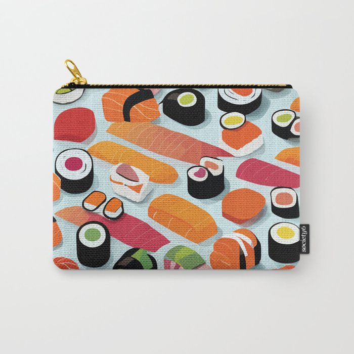 Sushi & Sashimi, Japanese Mob Wife Raw Fish Food Illustration, Delicacy Menu Rice Colorful Eclectic Carry All Pouch Gallery Image 1