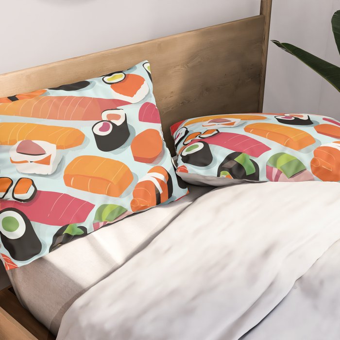 Sushi & Sashimi, Japanese Mob Wife Raw Fish Food Illustration, Delicacy Menu Rice Colorful Eclectic Pillow Sham Gallery Image 2