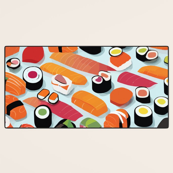 Sushi & Sashimi, Japanese Mob Wife Raw Fish Food Illustration, Delicacy Menu Rice Colorful Eclectic Desk Mat Gallery Image 3