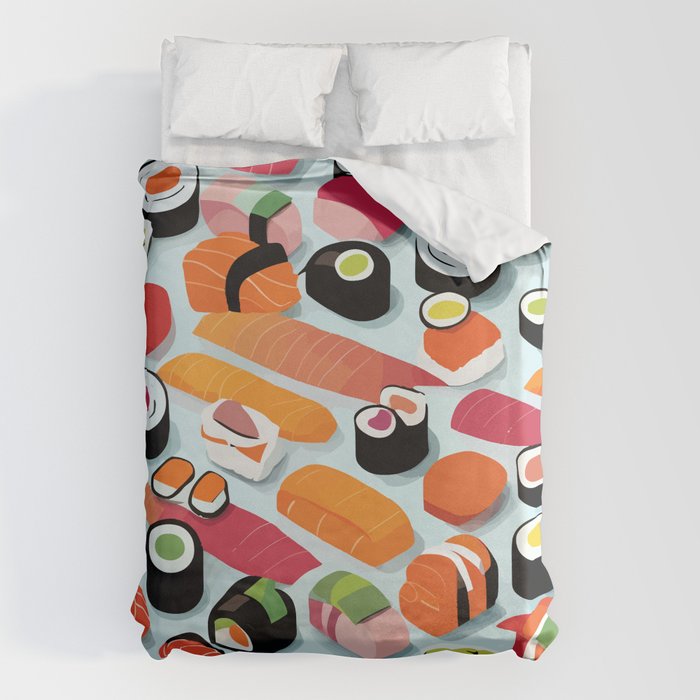 Sushi & Sashimi, Japanese Mob Wife Raw Fish Food Illustration, Delicacy Menu Rice Colorful Eclectic Duvet Cover Gallery Image 6