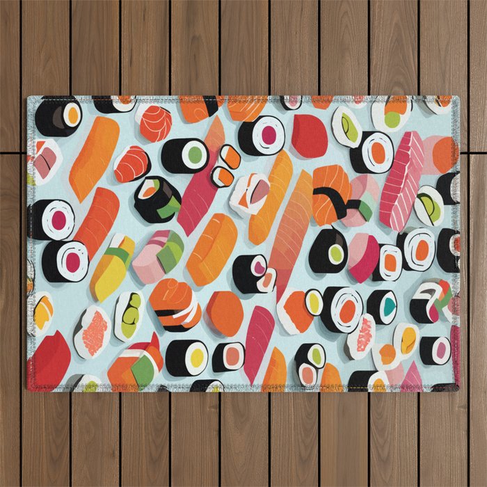 Sushi & Sashimi, Japanese Mob Wife Raw Fish Food Illustration, Delicacy Menu Rice Colorful Eclectic Outdoor Rug Gallery Image 1