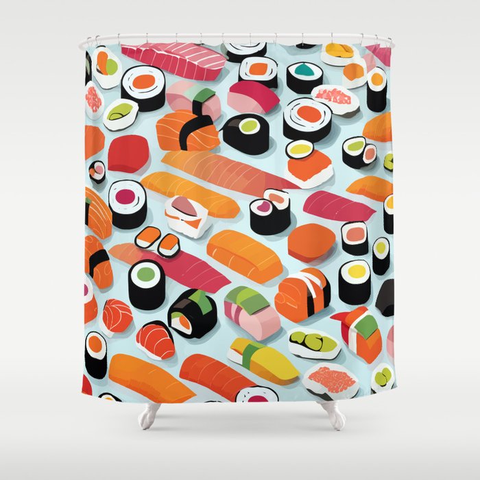 Sushi & Sashimi, Japanese Mob Wife Raw Fish Food Illustration, Delicacy Menu Rice Colorful Eclectic Shower Curtain Gallery Image 1