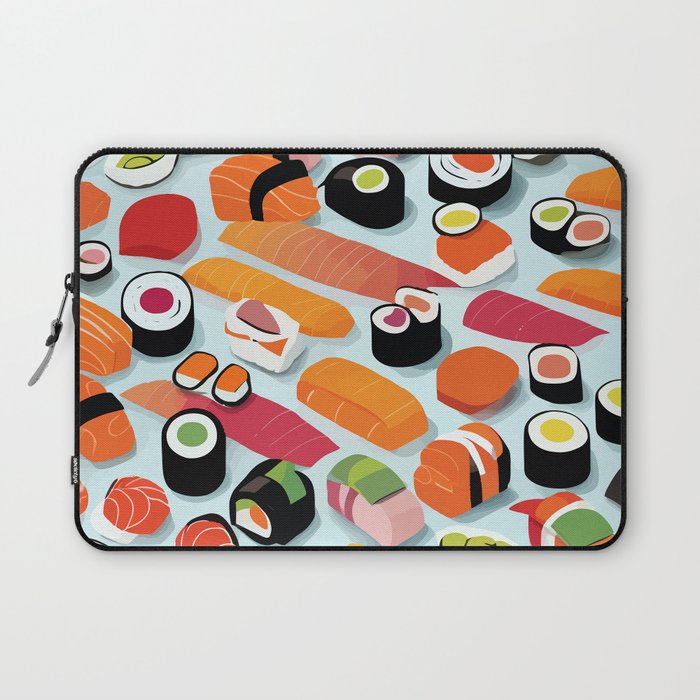 Sushi & Sashimi, Japanese Mob Wife Raw Fish Food Illustration, Delicacy Menu Rice Colorful Eclectic Laptop Sleeve Gallery Image 1