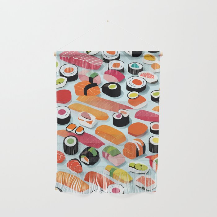 Sushi & Sashimi, Japanese Mob Wife Raw Fish Food Illustration, Delicacy Menu Rice Colorful Eclectic Wall Hanging Gallery Image 1