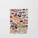 Sushi & Sashimi, Japanese Mob Wife Raw Fish Food Illustration, Delicacy Menu Rice Colorful Eclectic Wall Hanging Gallery Image 1