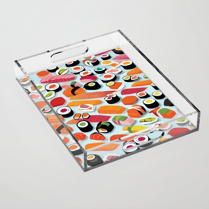 Sushi & Sashimi, Japanese Mob Wife Raw Fish Food Illustration, Delicacy Menu Rice Colorful Eclectic Acrylic Tray Gallery Image 1