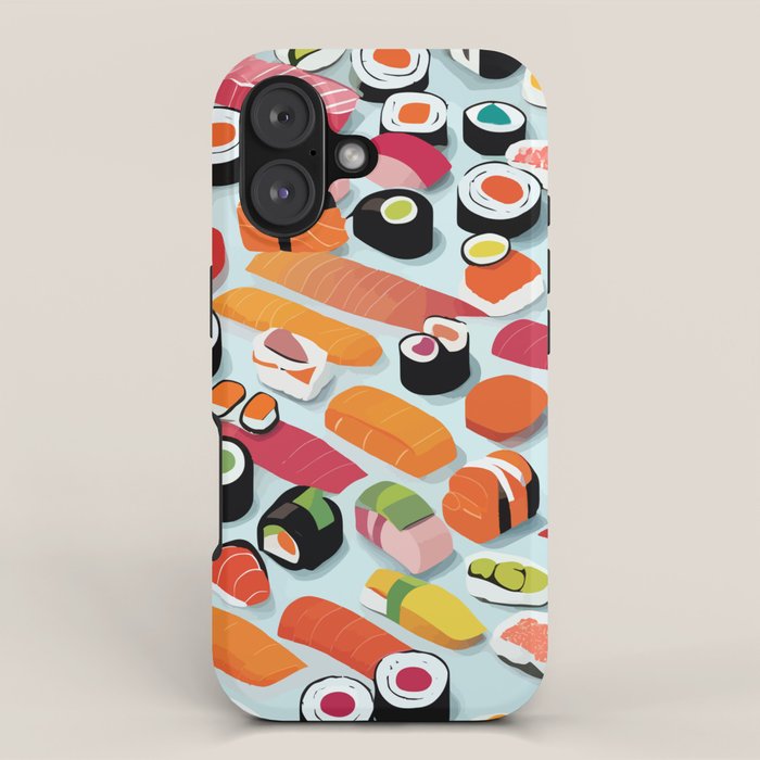Sushi & Sashimi, Japanese Mob Wife Raw Fish Food Illustration, Delicacy Menu Rice Colorful Eclectic iPhone Case Gallery Image 1