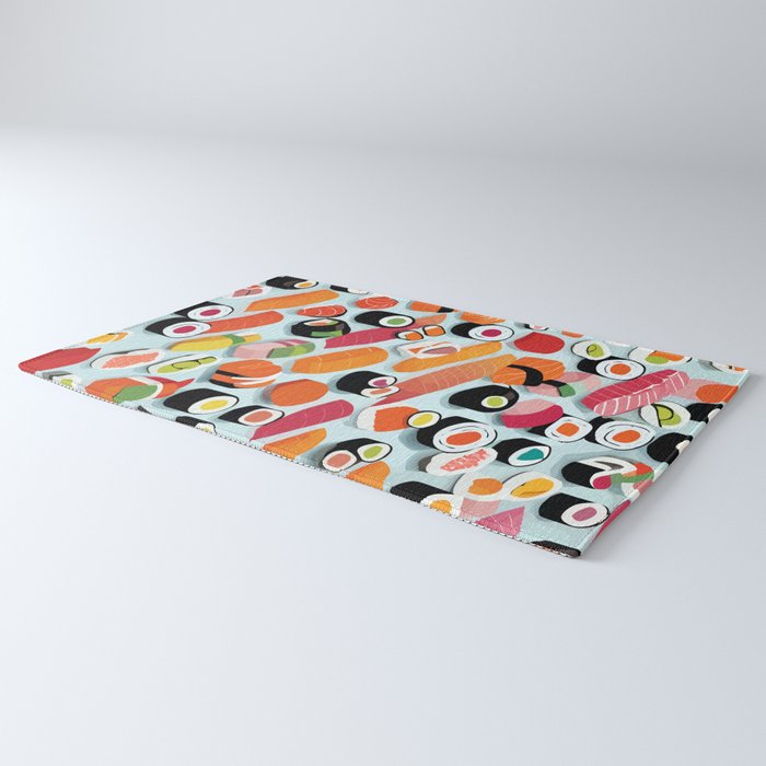 Sushi & Sashimi, Japanese Mob Wife Raw Fish Food Illustration, Delicacy Menu Rice Colorful Eclectic Rug Gallery Image 3