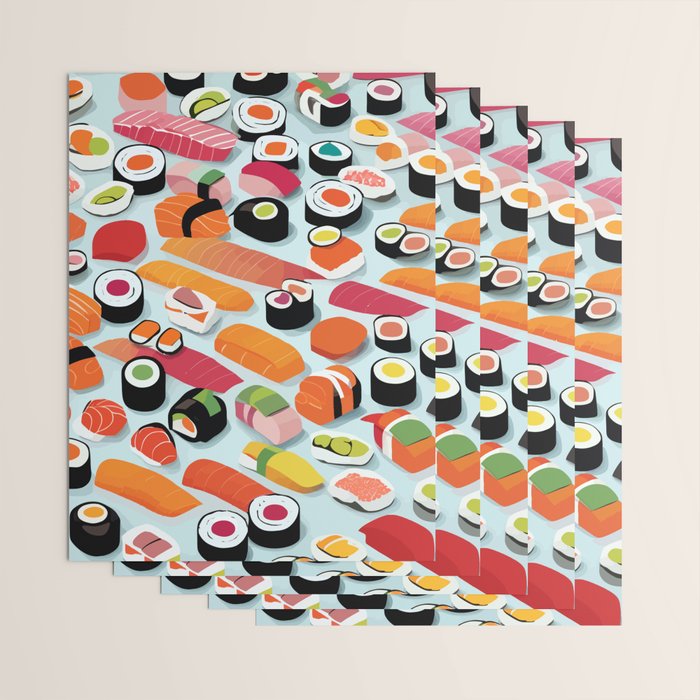 Sushi & Sashimi, Japanese Mob Wife Raw Fish Food Illustration, Delicacy Menu Rice Colorful Eclectic Wrapping Paper Gallery Image 3