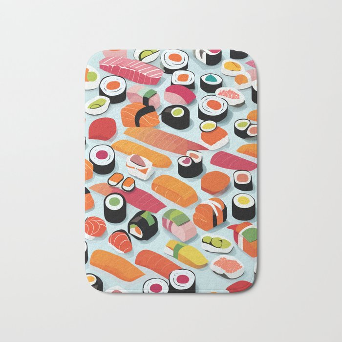 Sushi & Sashimi, Japanese Mob Wife Raw Fish Food Illustration, Delicacy Menu Rice Colorful Eclectic Bath Mat Gallery Image 1