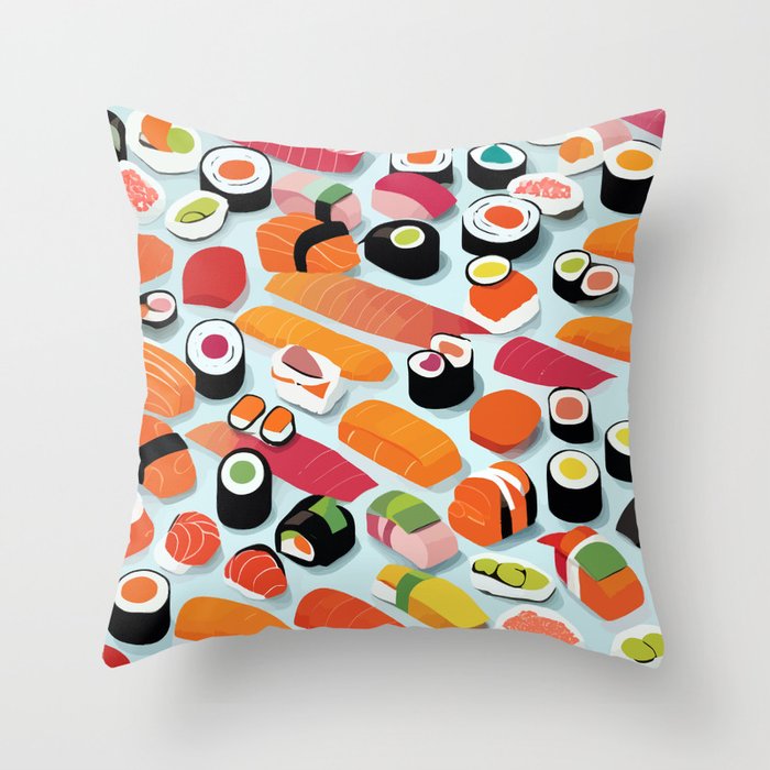 Sushi & Sashimi, Japanese Mob Wife Raw Fish Food Illustration, Delicacy Menu Rice Colorful Eclectic Throw Pillow Gallery Image 6